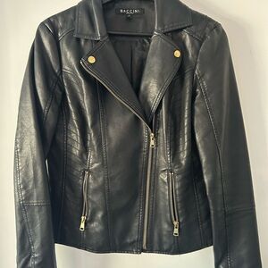 Baccini Black Faux Leather Asymmetrical Moto Jacket with Gold Hardware